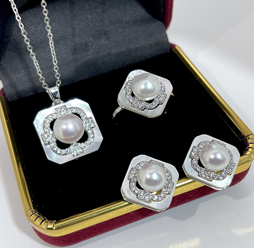 Classic Enamel & Freshwater Pearl Camellia Jewelry Set