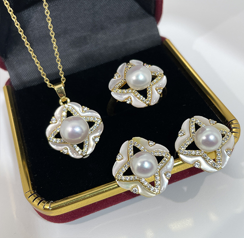 Classic Enamel & Freshwater Pearl Camellia Jewelry Set