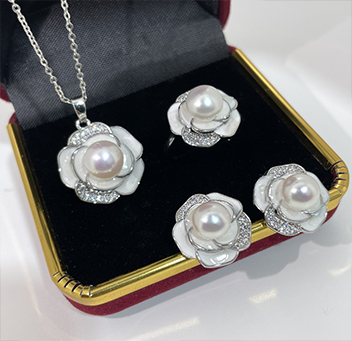 Classic Enamel & Freshwater Pearl Camellia Jewelry Set