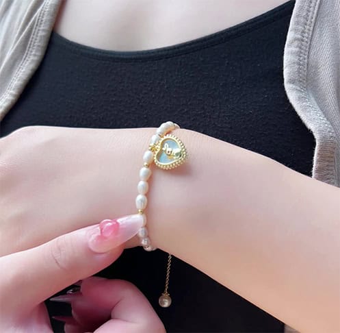 Rice Pearl Bracelet with Heart Locket Charm Rice Pearl Bracelet with Heart Locket Charm
