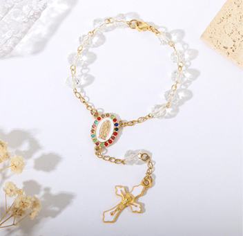 8mm Colored Crystal Beads Cross Rosary Bracelet