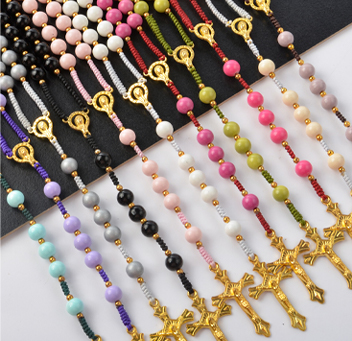 Catholic Jewelry Acrylic Bead Prayer Cross Pendant Necklace