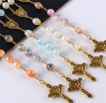 Cracked Glass Bead Catholic Prayer Jewelry Cross Pendant Necklace