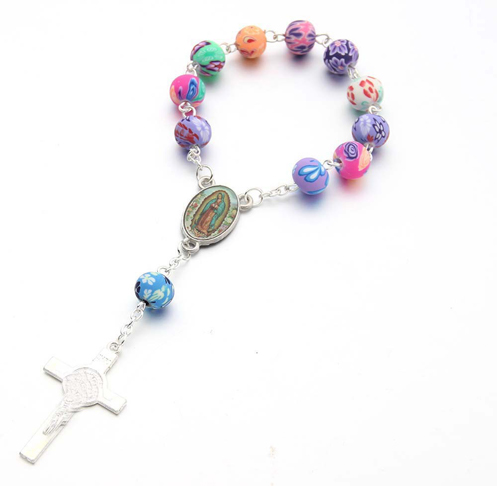 8mm Colorful Polymer Clay Beads Gold Cross Rosary Bracelet 8mm Colorful Polymer Clay Beads Gold Cross Rosary Bracelet
