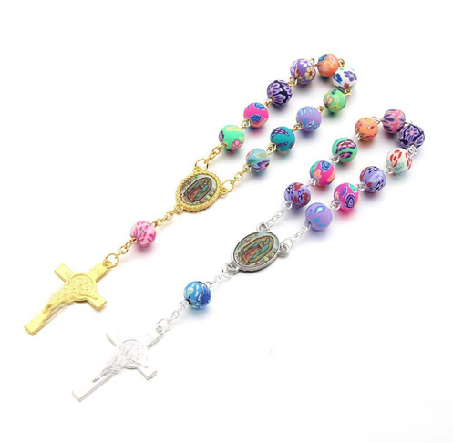 8mm Colorful Polymer Clay Beads Gold Cross Rosary Bracelet 8mm Colorful Polymer Clay Beads Gold Cross Rosary Bracelet