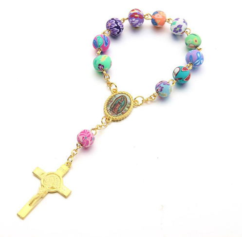 8mm Colorful Polymer Clay Beads Gold Cross Rosary Bracelet 8mm Colorful Polymer Clay Beads Gold Cross Rosary Bracelet
