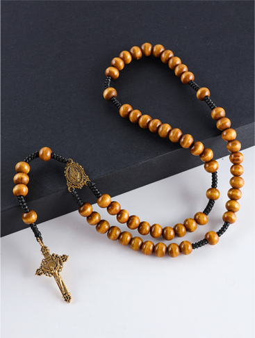 Catholic Rosaries Jewelry Wooden Beads Cross Necklace