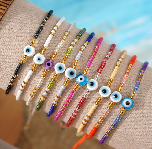 Boho adjustable Seed Bead Bracelet with Evil Eye Charm Boho adjustable Seed Bead Bracelet with Evil Eye Charm