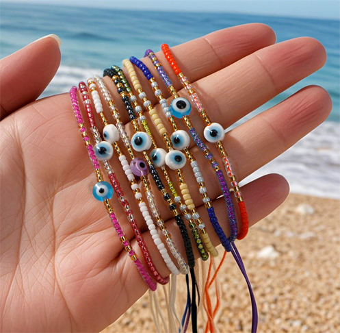 Boho adjustable Seed Bead Bracelet with Evil Eye Charm Boho adjustable Seed Bead Bracelet with Evil Eye Charm