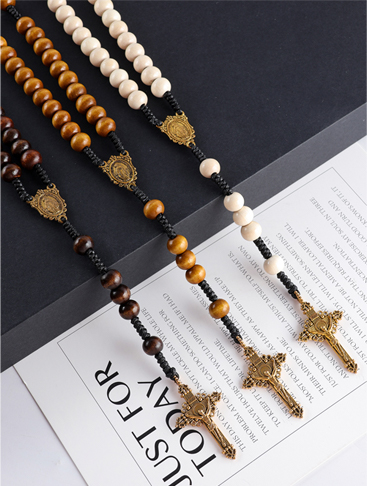 Catholic Rosaries Jewelry Wooden Beads Cross Necklace