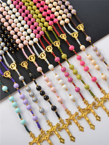 Catholic Jewelry Acrylic Bead Prayer Cross Pendant Necklace