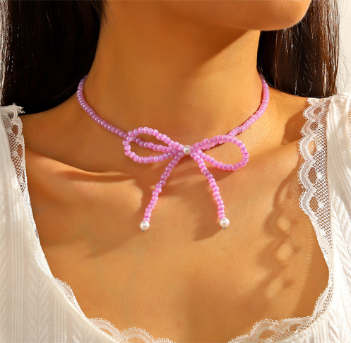 Fashion glass seed beads neckalce bow collarbone chain