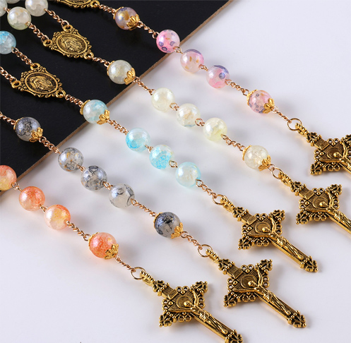 Cracked Glass Bead Catholic Prayer Jewelry Cross Pendant Necklace