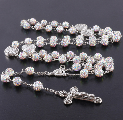 Classic Catholic Rhinestone Beads Cross Necklace