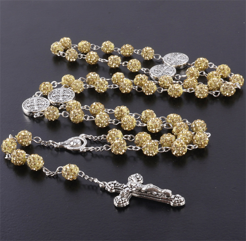Classic Catholic Rhinestone Beads Cross Necklace