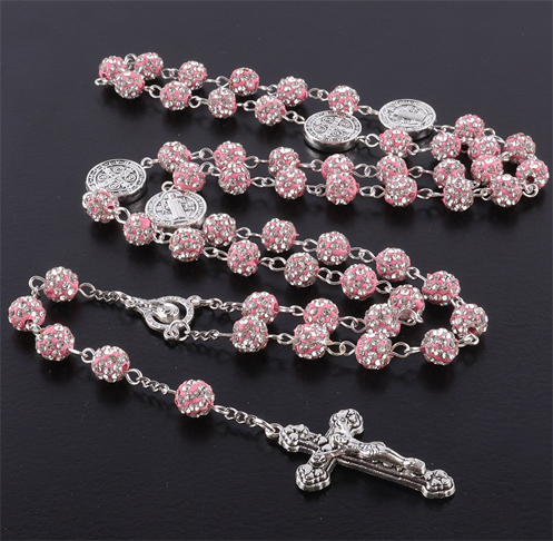 Classic Catholic Rhinestone Beads Cross Necklace
