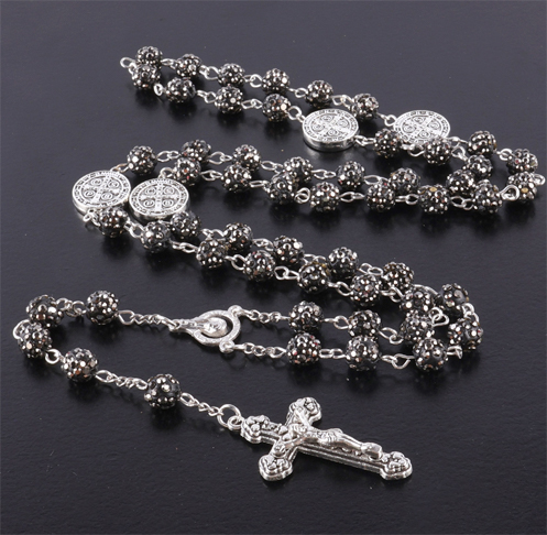 Classic Catholic Rhinestone Beads Cross Necklace