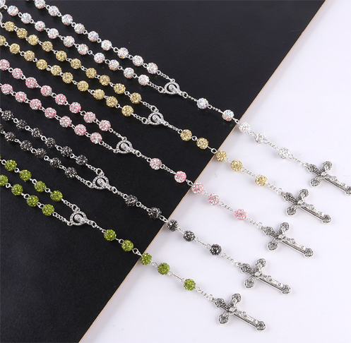 Classic Catholic Rhinestone Beads Cross Necklace