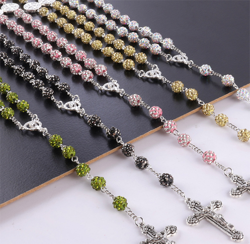 Classic Catholic Rhinestone Beads Cross Necklace