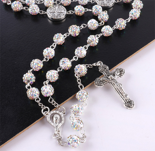 Classic Catholic Rhinestone Beads Cross Necklace