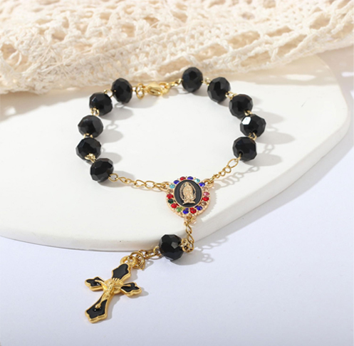 8mm Colored Crystal Beads Cross Rosary Bracelet