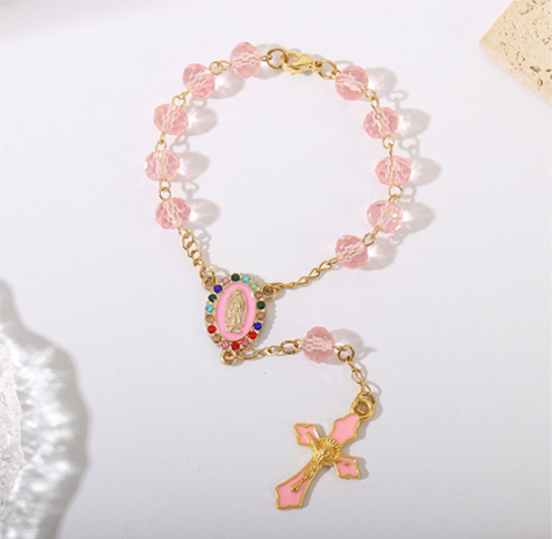 8mm Colored Crystal Beads Cross Rosary Bracelet