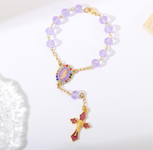 8mm Colored Crystal Beads Cross Rosary Bracelet