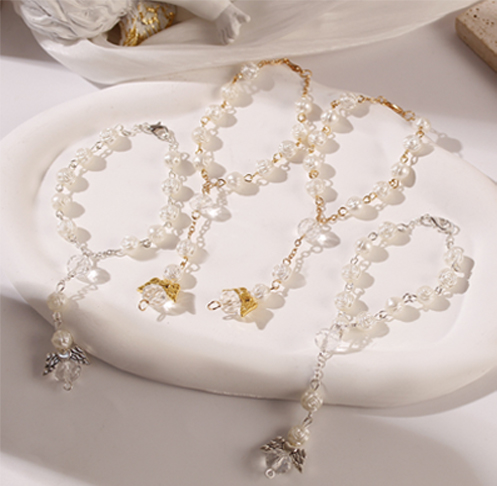 White Angel Heart Wings Rose Beads Rosary