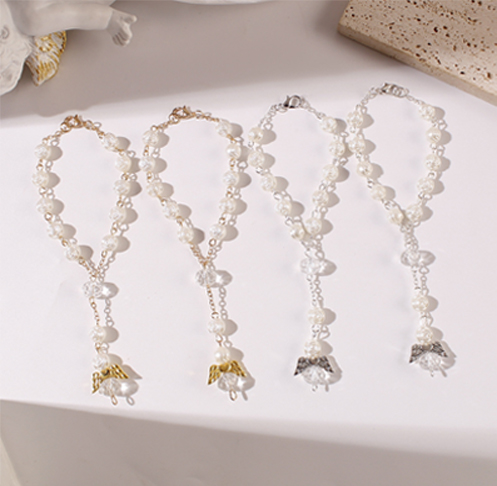 White Angel Heart Wings Rose Beads Rosary