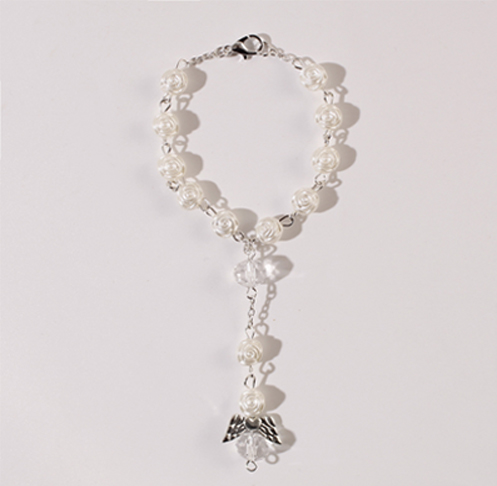 White Angel Heart Wings Rose Beads Rosary