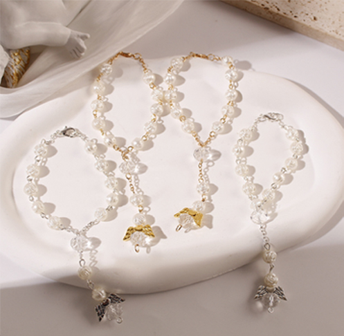 White Angel Heart Wings Rose Beads Rosary