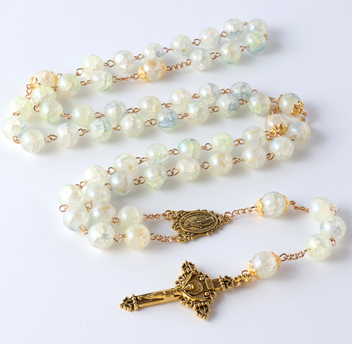 Cracked Glass Bead Catholic Prayer Jewelry Cross Pendant Necklace