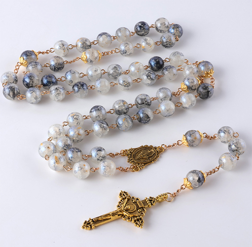 Cracked Glass Bead Catholic Prayer Jewelry Cross Pendant Necklace