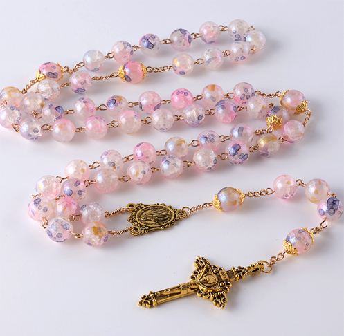 Cracked Glass Bead Catholic Prayer Jewelry Cross Pendant Necklace