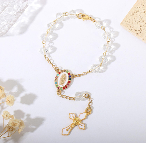 8mm Colored Crystal Beads Cross Rosary Bracelet